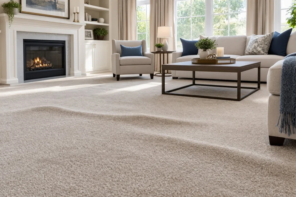 A rippled carpet running across a bright, furnished living room
