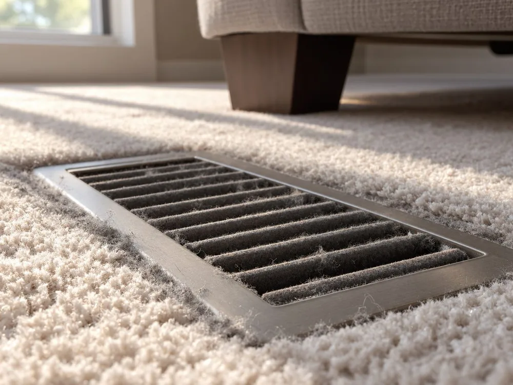 Grey dust and lint furred on a floor register set into pale carpet