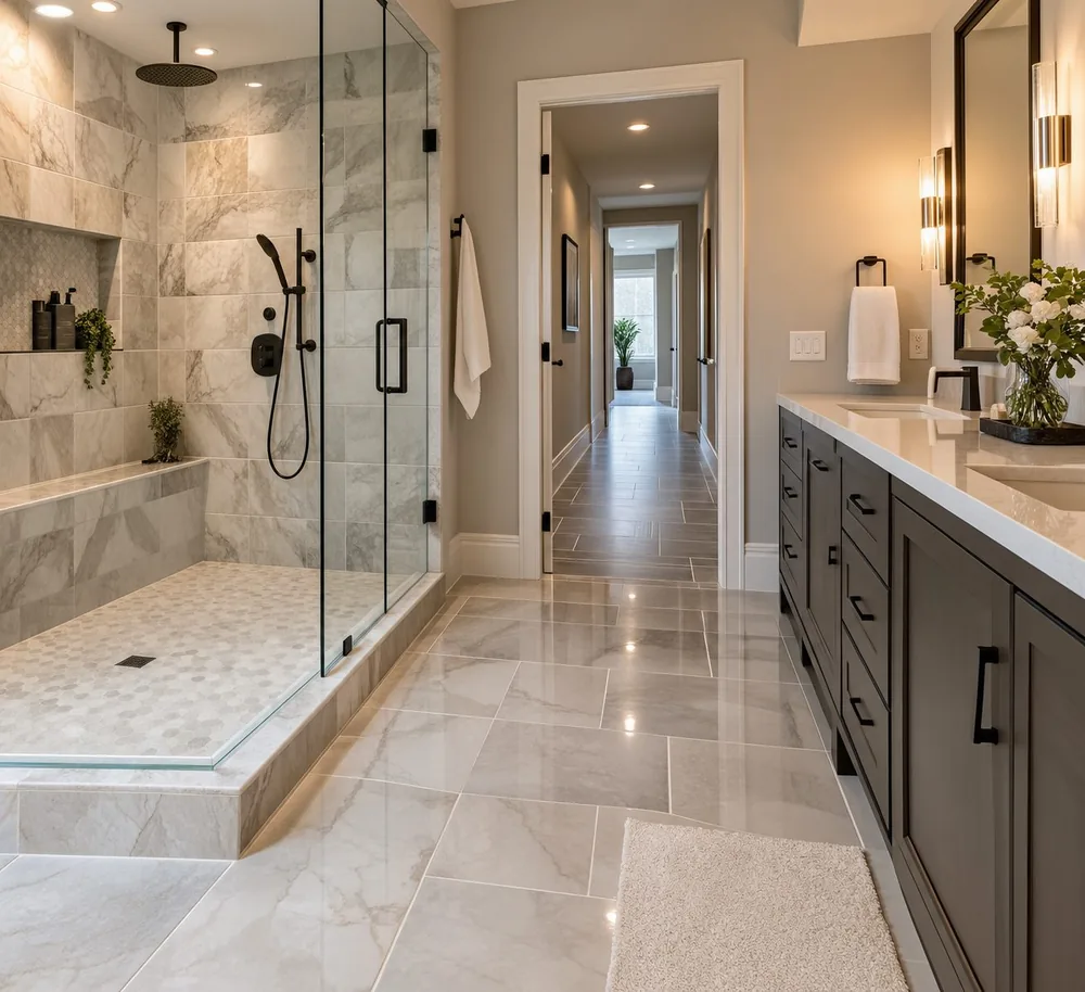 A tiled bathroom floor and a fully tiled shower, grout lines clean and even